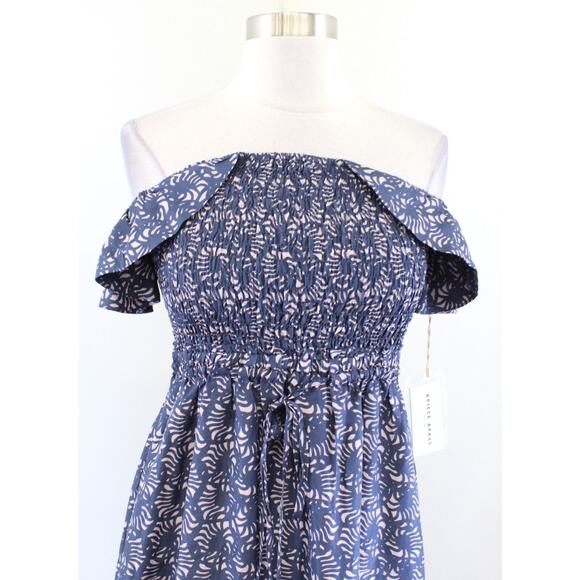 NWT Apiece Apart Lamu Blue Silk Smocked Ruffle Off the Shoulder Midi Dress Sz 2 - Picture 5 of 7